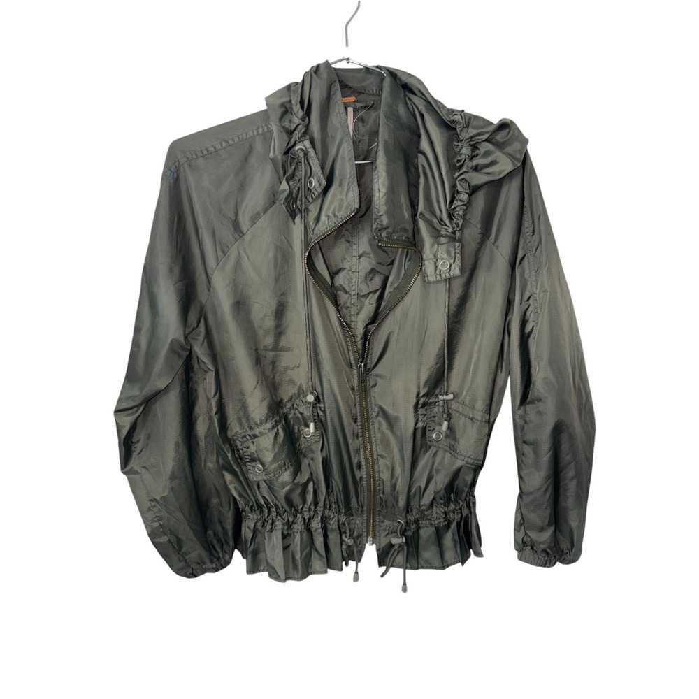 Free People Ruffle Hem Hooded Windbreaker Jacket Olive Green Ripstop Large